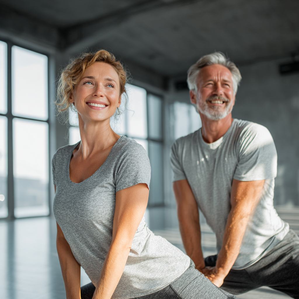 Дорослі люди українського походження усміхаються під час групового фітнес-заняття на свіжому повітрі